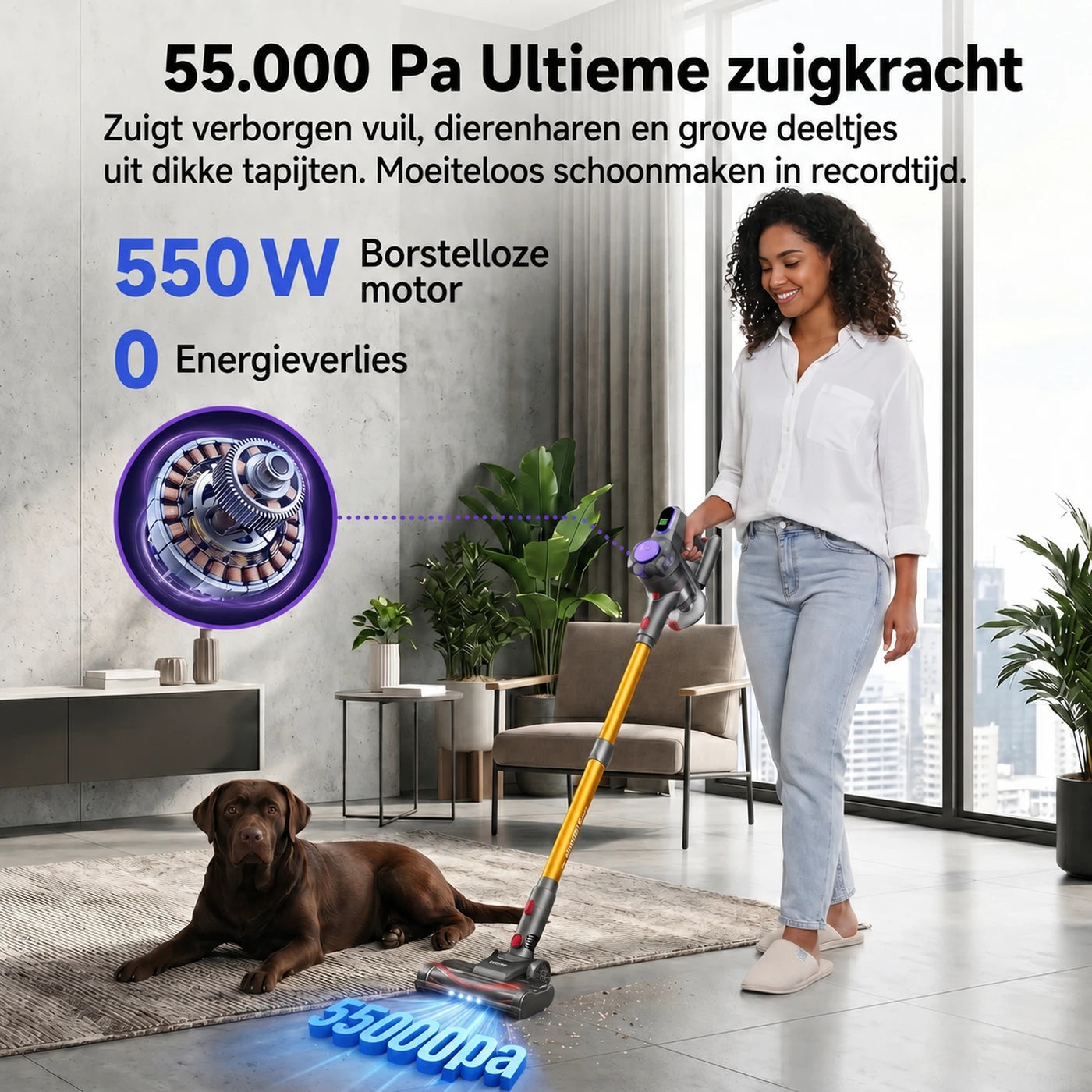Aspirateur balai sans fil Monsga ME03 - 550 W - 55 kPa - Autonomie de 55 min - 1,2 kg - Brosse anti-enchevêtrement - Batterie amovible - Voyant lumineux vert