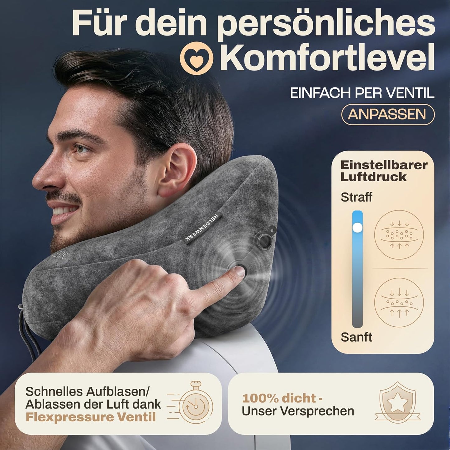 Oreiller gonflable pour la nuque Heldenwerk Premium Air - Gris foncé - Petite taille - Avec capuche et bouchons d'oreille