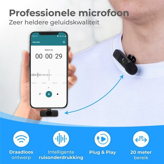 Nuvance - Microphone sans fil - Microphone Tie Pin - Adapté à Usb-C & Apple Lightning - Microphone Lavelier - Plug & Play
