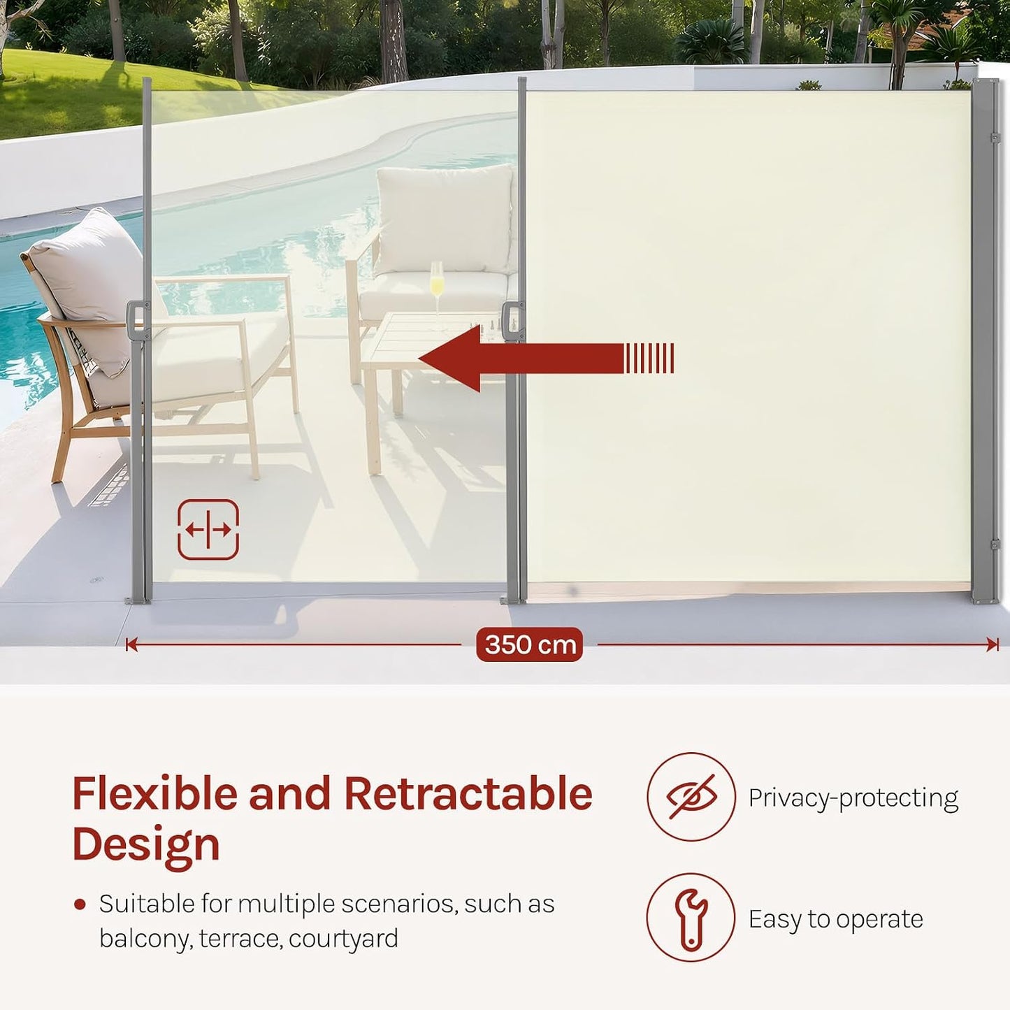 WOLTU Store latéral rétractable 180 x 350 cm - Protection contre les regards indiscrets - Protection solaire et coupe-vent - Crème