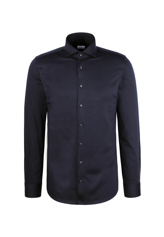 Chemise Seidensticker - Homme - Coupe Slim - Jersey - Col Kent - Manches longues - 42 - Bleu foncé