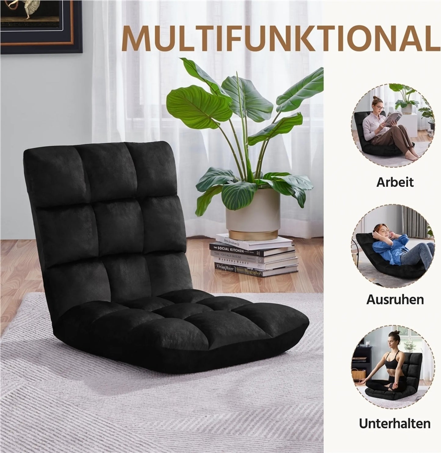 Yaheetech Floor Chair Includes 14 Adjustable Stands - Features High Density Foam And Sturdy Metal Frame And Soft Plush Fabric - For Living Room And Playroom - Black Polyester - 111.5 x 53 x 14 cm