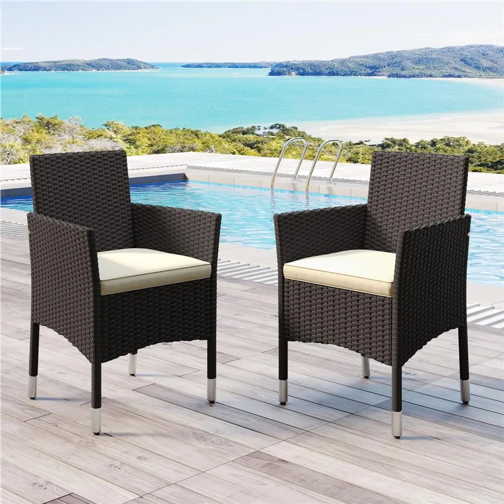 Yaheetech Ensemble de 2 chaises de jardin en polyrotin 58 x 58 x 84 cm - Marron/Beige - Fauteuils de jardin avec coussins d'assise et de dossier