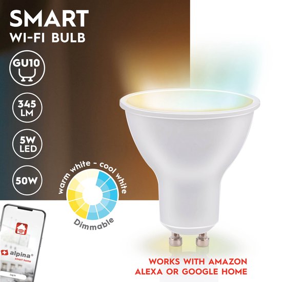 Alpina Smart Home LED Lamp - GU10 - 5W - 470lm - Blanc chaud et froid - Dimmable - App & Voice Control - Fonctionne avec Alexa & Google Home