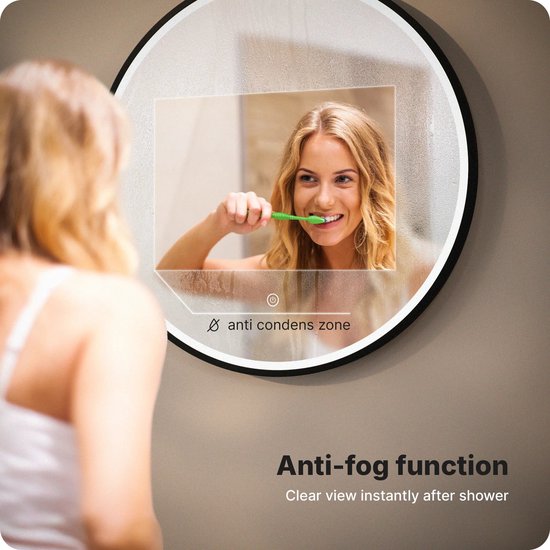 Miroir de salle de bains Mirlux avec éclairage LED et chauffage – Miroir mural rond – Miroir de douche anti-buée – 80 cm – Cadre noir