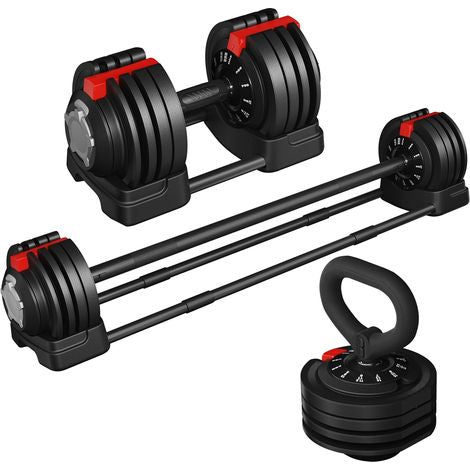 Ensemble d'haltères réglables Yaheetech 3-en-1 – 3 à 24 kg – 111 cm – Noir