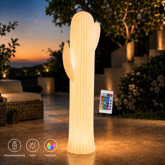 Lampe de jardin LED solaire XXL Smartwares – 110 cm - RGB - Éclairage décoratif d'extérieur « Cactus » - Lampe de fête - Far West - Avec télécommande et capteur - Lampe d'extérieur – Changement de couleur – Commande tactile – Allumage automatique – 6 à 8