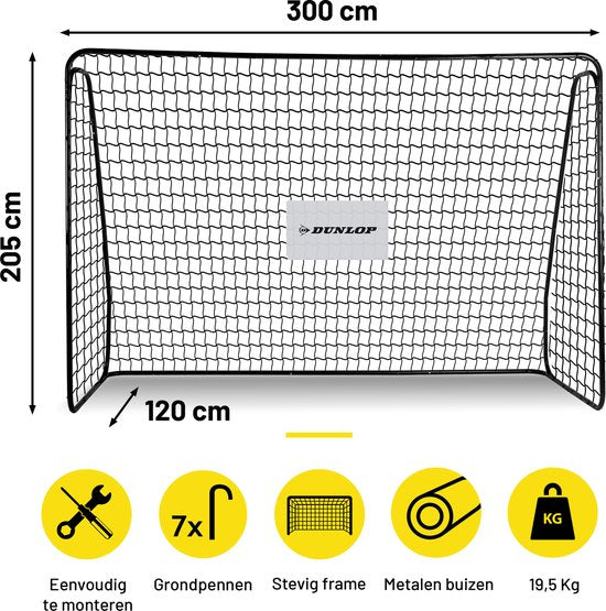 Dunlop Football Goal - But de football 300 x 205 x 120 cm - But de football grand format - Jouets d'extérieur pour enfants et adultes - Montage rapide - But d'entraînement de football - Métal - Noir