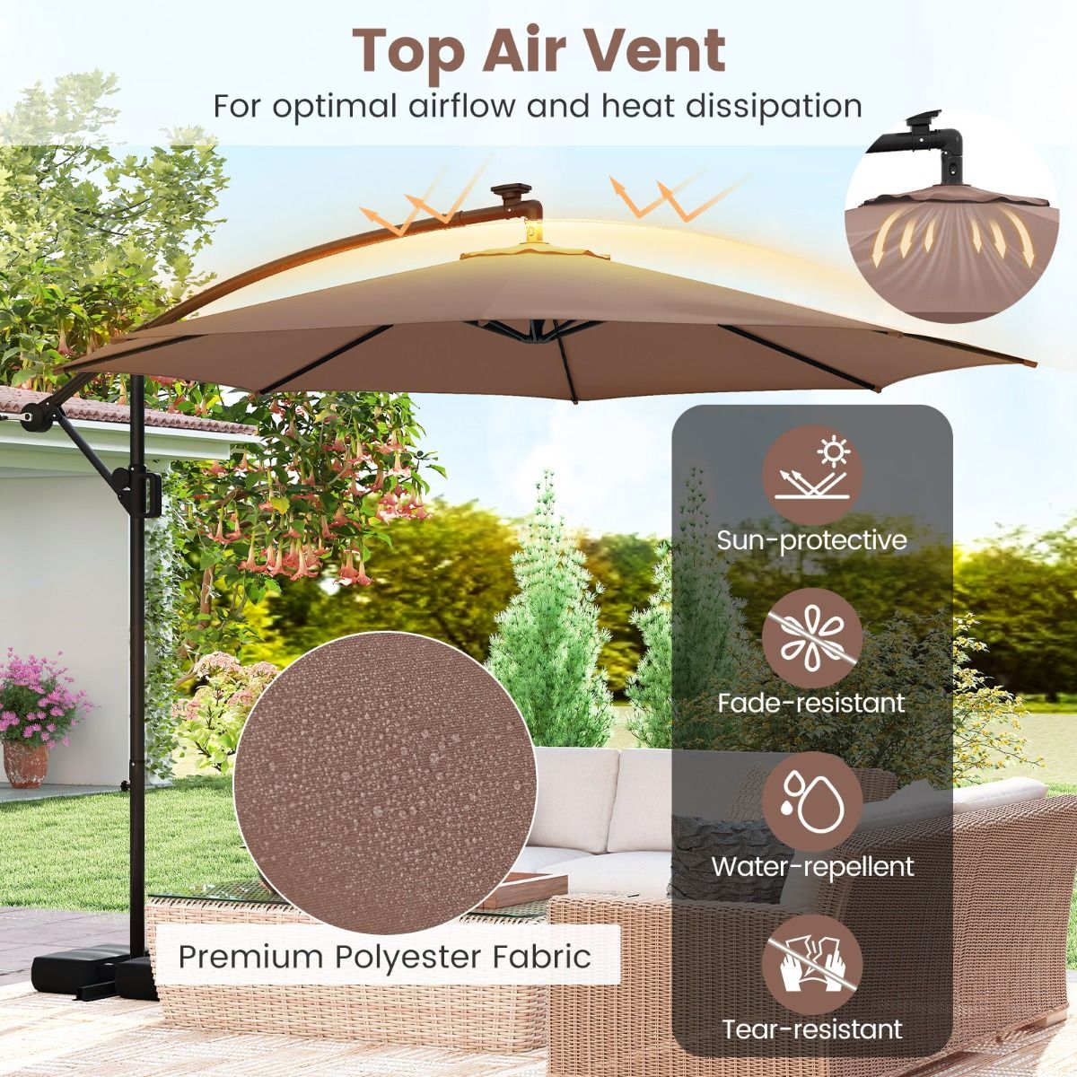 Parasol suspendu Coast avec éclairage LED - 9 modes d'éclairage - avec sacs de sable et balancier - marron - 300 x 260 cm