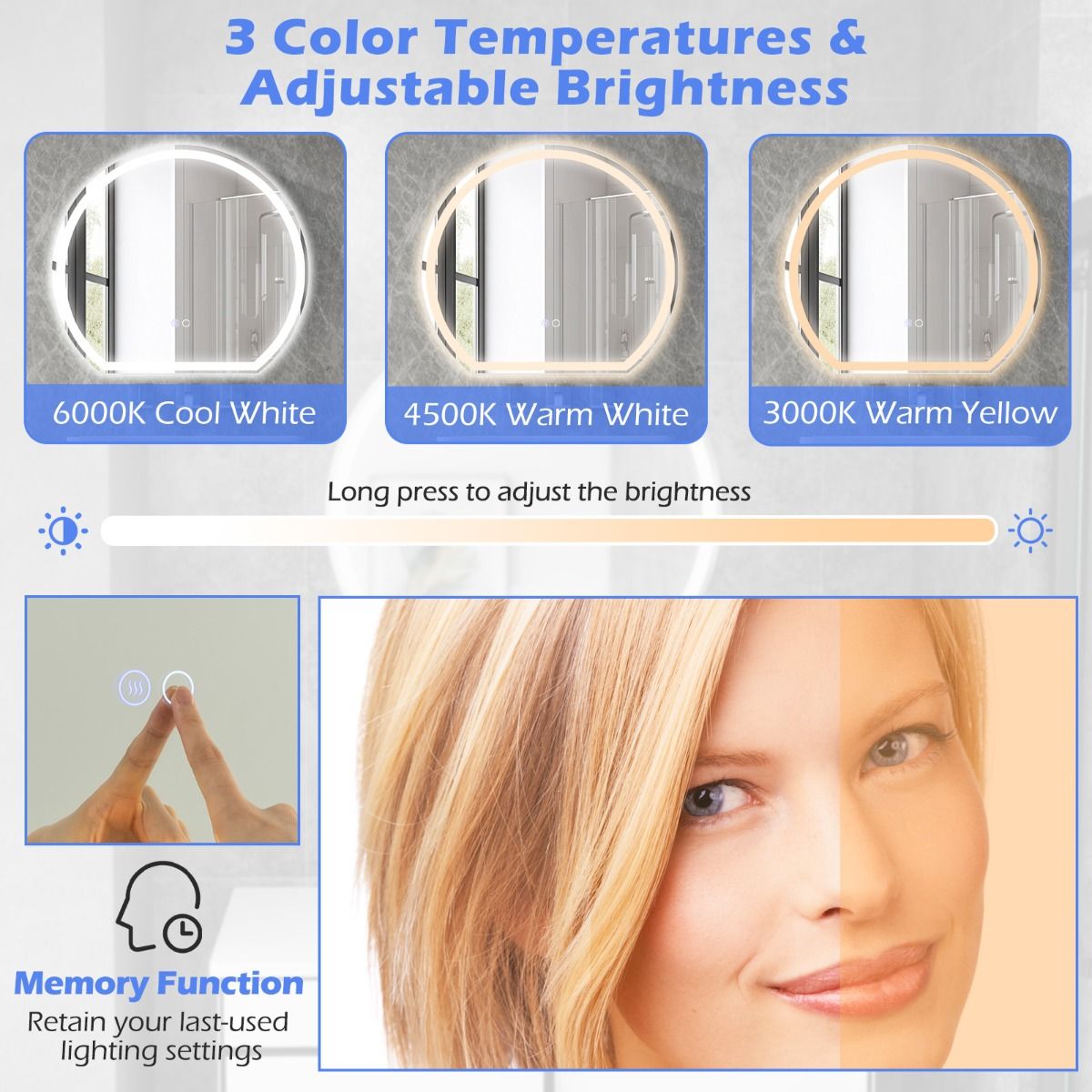 Coast 60 x 54 cm LED Miroir de salle de bain Miroir mural rond argenté avec éclairage à 3 couleurs graduables, antibuée et fonction mémoire