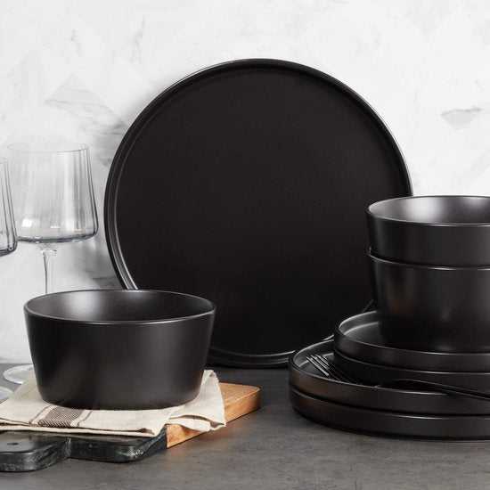 Deleca Service de table 6 personnes - Bols, Coupes / Assiettes - Faïence solide - Noir mat / 24 pièces