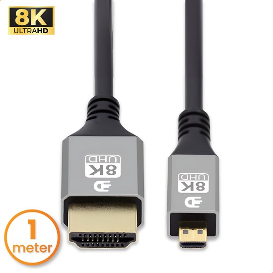Drivv. Câble Premium Micro HDMI vers HDMI 2.1 - 8K 60Hz / 4K 120Hz Ultra HD - Convient aux caméras, GoPro, ordinateurs - 1 mètre - Gris