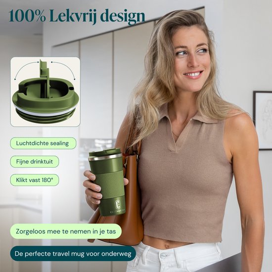 Mug isotherme Castagnola - Mug à café à emporter - Mug de voyage pour café et thé - Mug à thé - 510 ml - Acier inoxydable - Vert