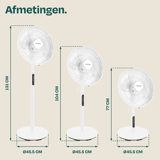 Ventilateur de sol VONROC - Ø 45,5 cm - 4 vitesses et mode veille – minuterie - réglable sur 3 hauteurs - télécommande incluse - blanc