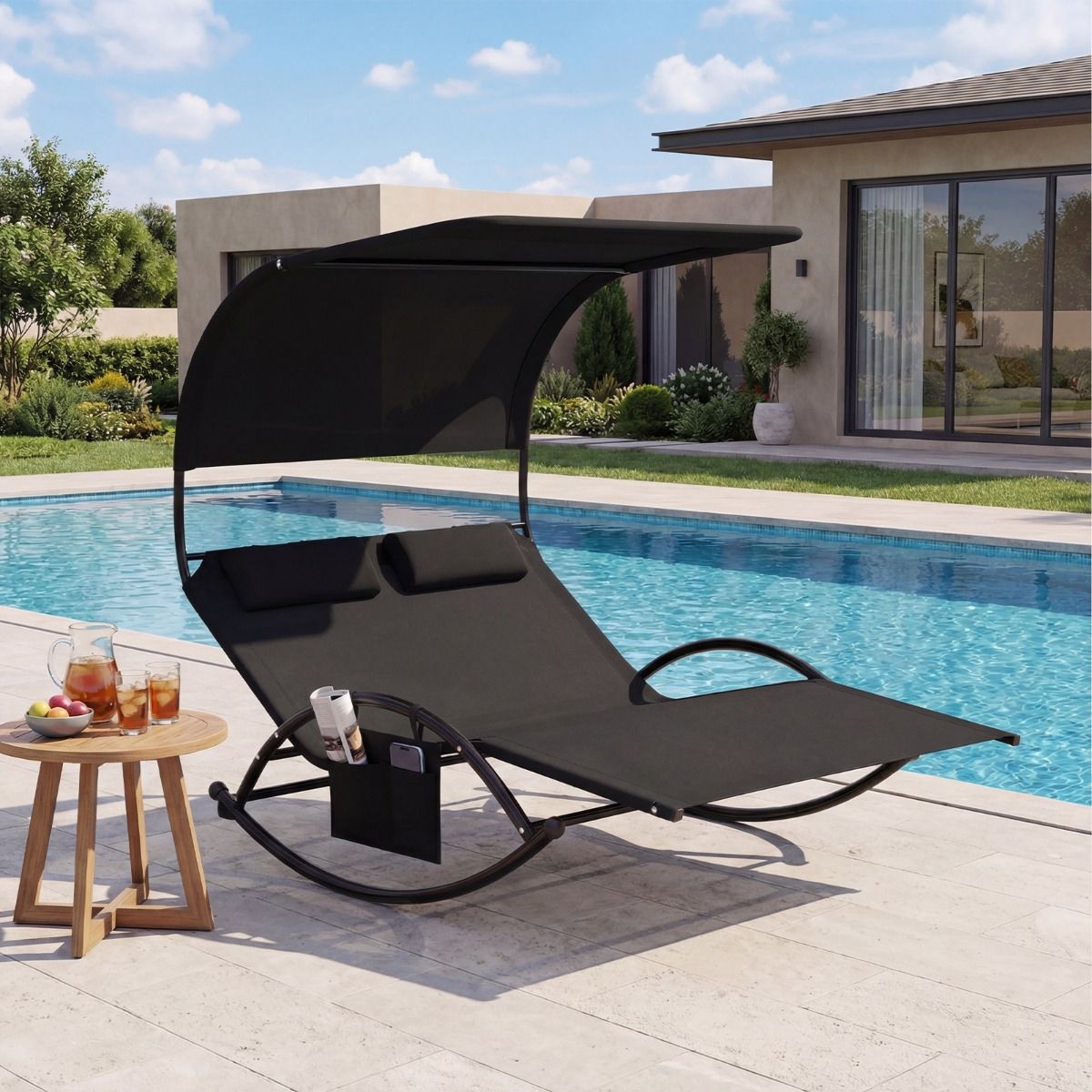 Chaise longue balancelle double Coast - avec auvent - coussins inclus - noir