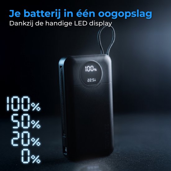 Nuvance Powerbank 20 000 mAh - Chargeur rapide 22,5 W USB-C et 8 broches - Kit d'urgence - 2 ports - 2 câbles intégrés - Powerbank
