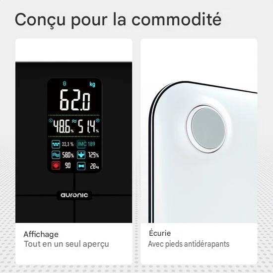 Pèse-personne Auronic - Analyse corporelle et pourcentage de graisse - Numérique - 15 mesures - Noir