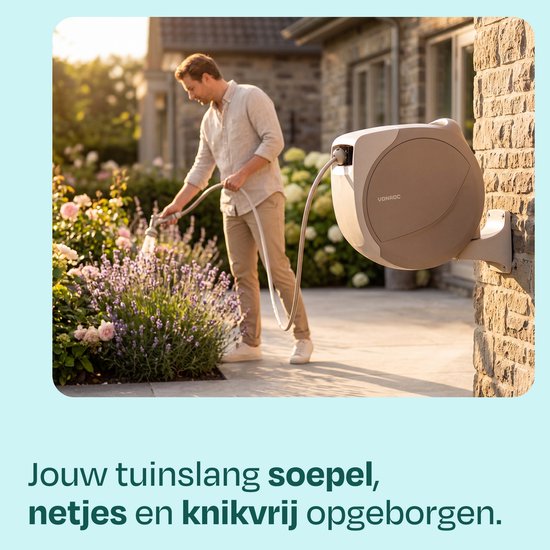 Enrouleur automatique de tuyau d'arrosage VONROC – boîtier mural pour tuyau d'arrosage – avec tuyau d'arrosage haut de gamme de 30 m, pistolet d'arrosage à 8 positions et raccords – beige