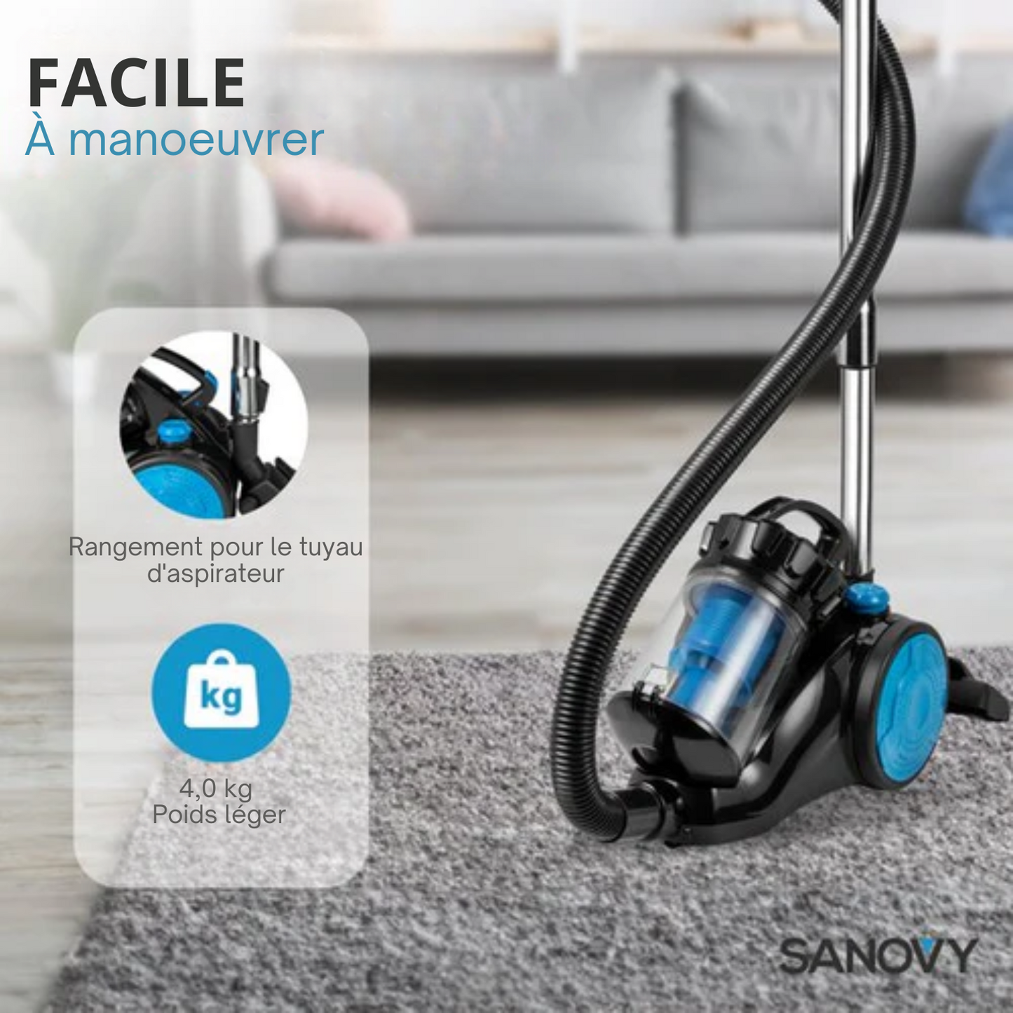 Aspirateur puissant sans sac - Sanovy ProPower - 3L - Compact - Bleu