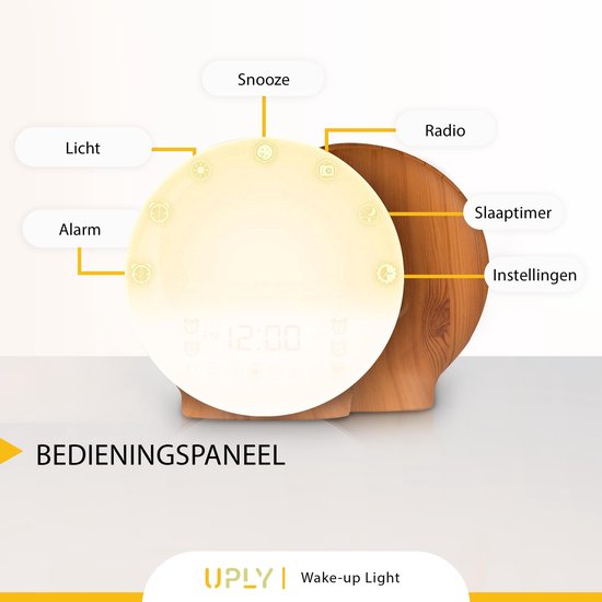 UPLY Wake Up Light - Avec point de chargement USB - Réveil lumineux - Réveil radio - 2 heures d'alarme - 7 couleurs