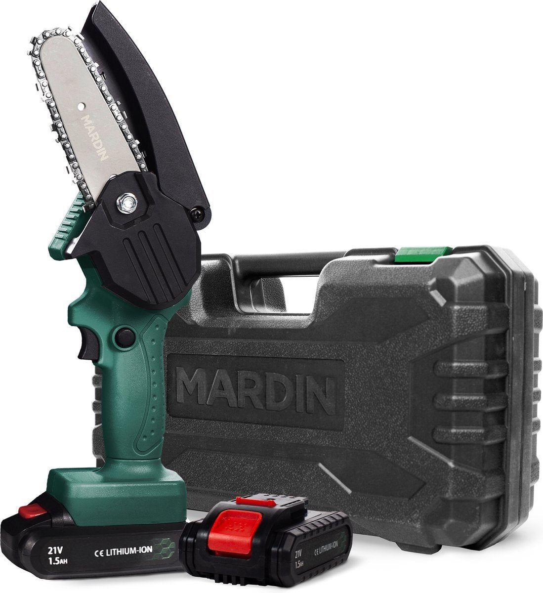 Mini tronçonneuse Mardin - 2 Batteries - couper des branches bois, jardins extérieurs- Mallette incluse - Vert