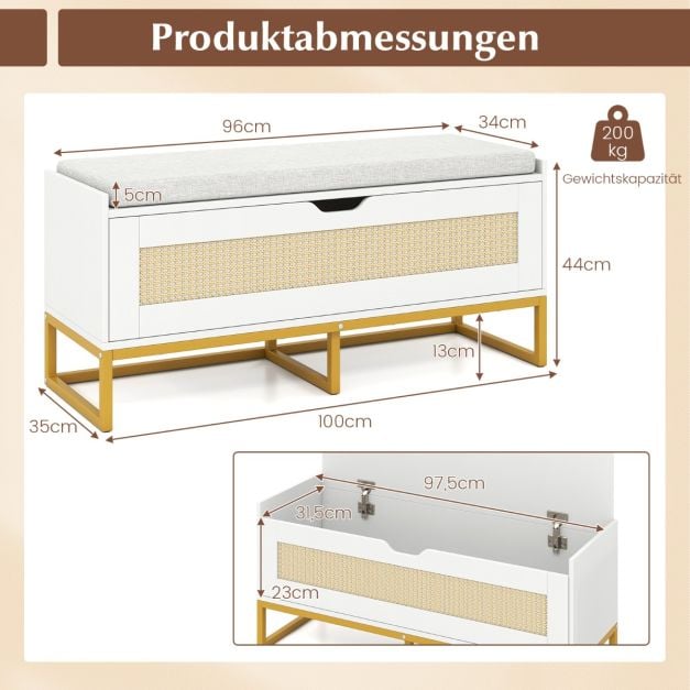 Coast Shoe bench - Rotin - Coussin d'assise - 100 x 35 x 44 cm - Blanc