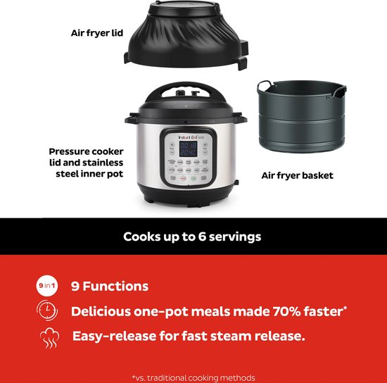 Multicuiseur Instant Pot Duo Crisp 7,6 L + friteuse à air chaud - Autocuiseur 11-en-1 - Mijoteuse - Cuisson sous vide - Friteuse à air chaud - Système à double couvercle - Jusqu'à 8 portions