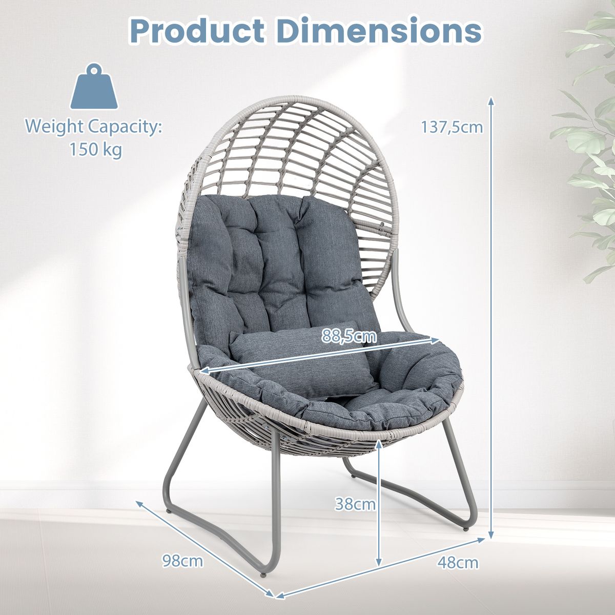 Fauteuil Coast en rotin - design en forme d'œuf - coussins amovibles - gris
