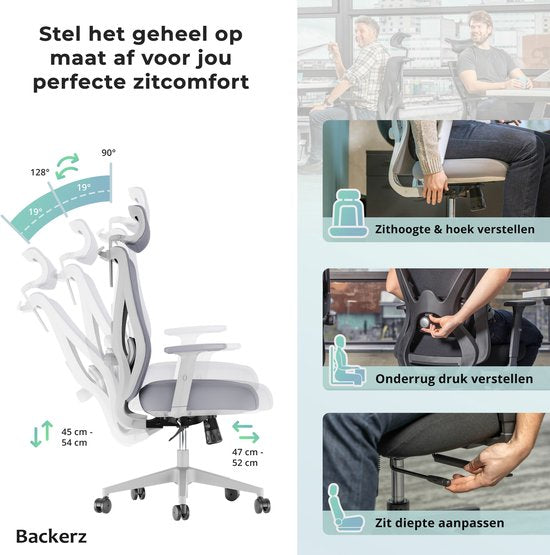 Backerz - Chaise de bureau ergonomique - hauteur d'assise 44-56 cm et certifiée EN1335 - équipée d'accoudoirs 3D et d'un support lombaire réglable - pour le bureau et les jeux - polypropylène et maille blanche/grise