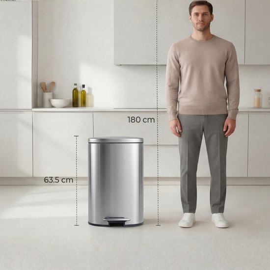 Poubelle Bayt - Poubelle à pédale 50 litres - Poubelle 50 litres - Poubelle 50 litres - Poubelle pour le tri sélectif - Poubelle en acier inoxydable - Argent