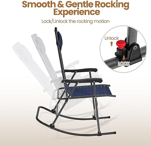 Fauteuil à bascule pliable d'extérieur Yaheetech - Bleu foncé - Fauteuil de détente avec oreiller et porte-gobelet