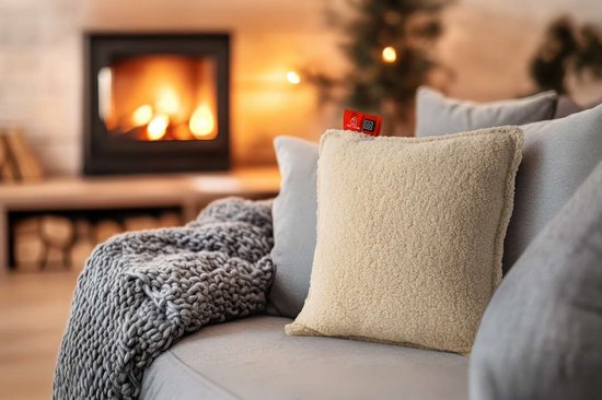Feel Home - Oreiller chauffant - Teddy - Blanc cassé 45x45cm - avec banque d'alimentation 10000mAh