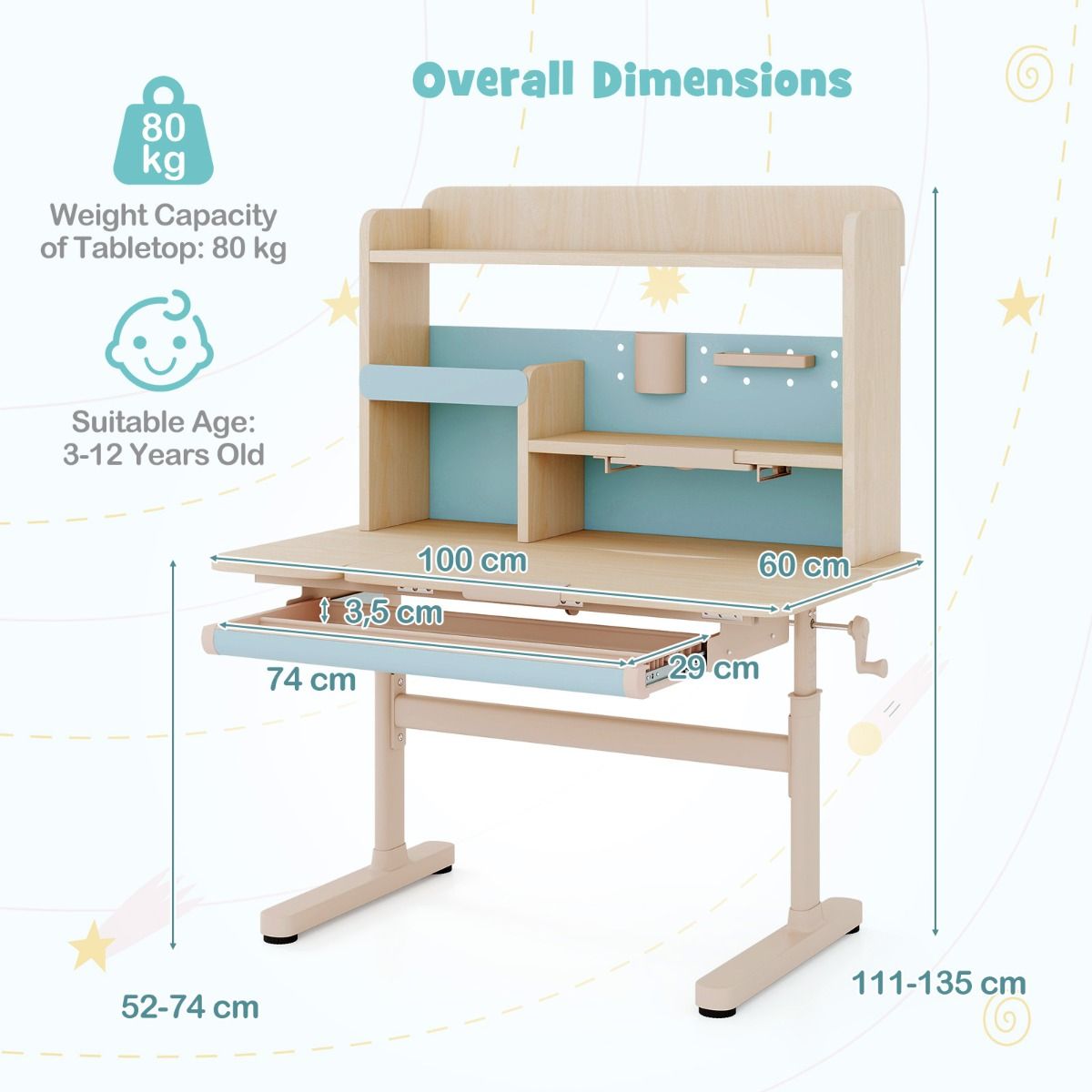 table enfant coast - hauteur réglable 52-74 cm - bureau inclinable 0°-60° - tiroir et casier - bleu - 100 x 60 x 111-135 cm