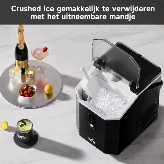 Bardi 1,1 L - Machine à glaçons « Nugget Ice Machine Square » - Machine à glace pilée avec cuillère à glace - 15 kg/24 heures - Machine à glaçons - Avec gobelet isotherme de luxe - Noir