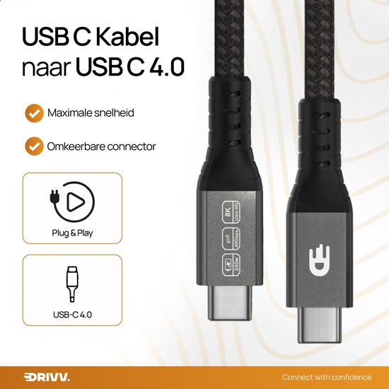 Drivv. Câble USB-C vers USB-C 4.0 - Gen 3 - Charge rapide 240 W - 8K 60 Hz - 40 Gbps - 3 mètres - Nylon - Noir