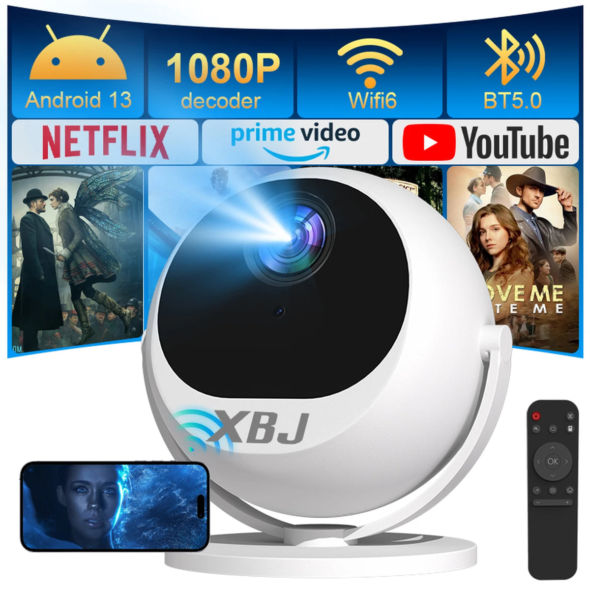 Projecteur XBJ 360° - Full HD 1080p - Compatible 4K - 900 lumens ANSI - Image de 200 pouces - Wi-Fi et Bluetooth