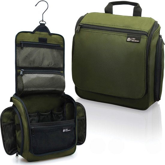 Trousse de toilette D&D Wanderlust avec crochet - Organiseur de voyage de luxe à suspendre avec 10 compartiments - Vert - Unisexe (femmes et hommes) - Capacité de 6 litres - Grande trousse de toilette de voyage à suspendre - Trousse à maquillage