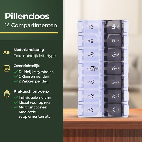Boîte à pilules Gandria 7 jours - Boîte à pilules - Boîte à pilules avec 14 compartiments - Boîte à médicaments avec fermeture solide - Grands compartiments - Noir/Blanc