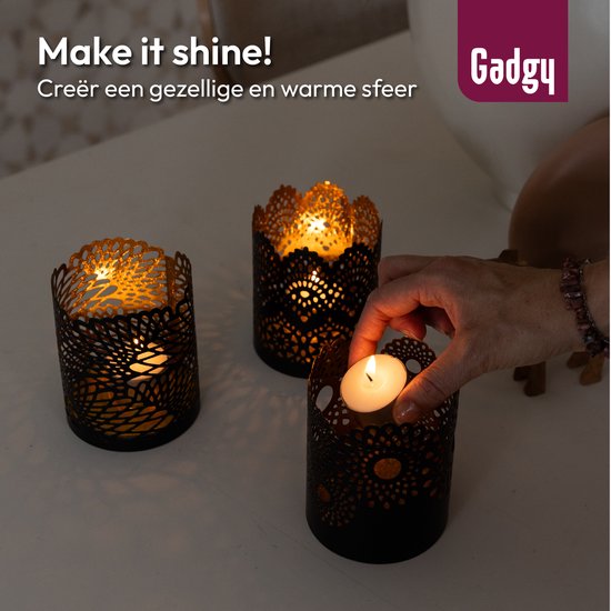 Gadgy Porte-lampions rond - Lot de 3 Porte-lampions Décoration Salon - Lumière d'ambiance à l'intérieur - Porte-bougies pour bougies 8.5x10.5 cm - Lampe à vent en métal - Noir/Or - Cadeau pour Femme - Motif Dentelle