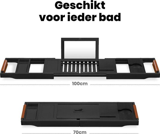 RelaxTub® Bathboard - Planche de bain pour la baignoire - Support de bain - Réglable - Antidérapant - Planche de bain noire - Planche de bain en bois - Support de bain avec porte-livre, porte-tablette et miroir