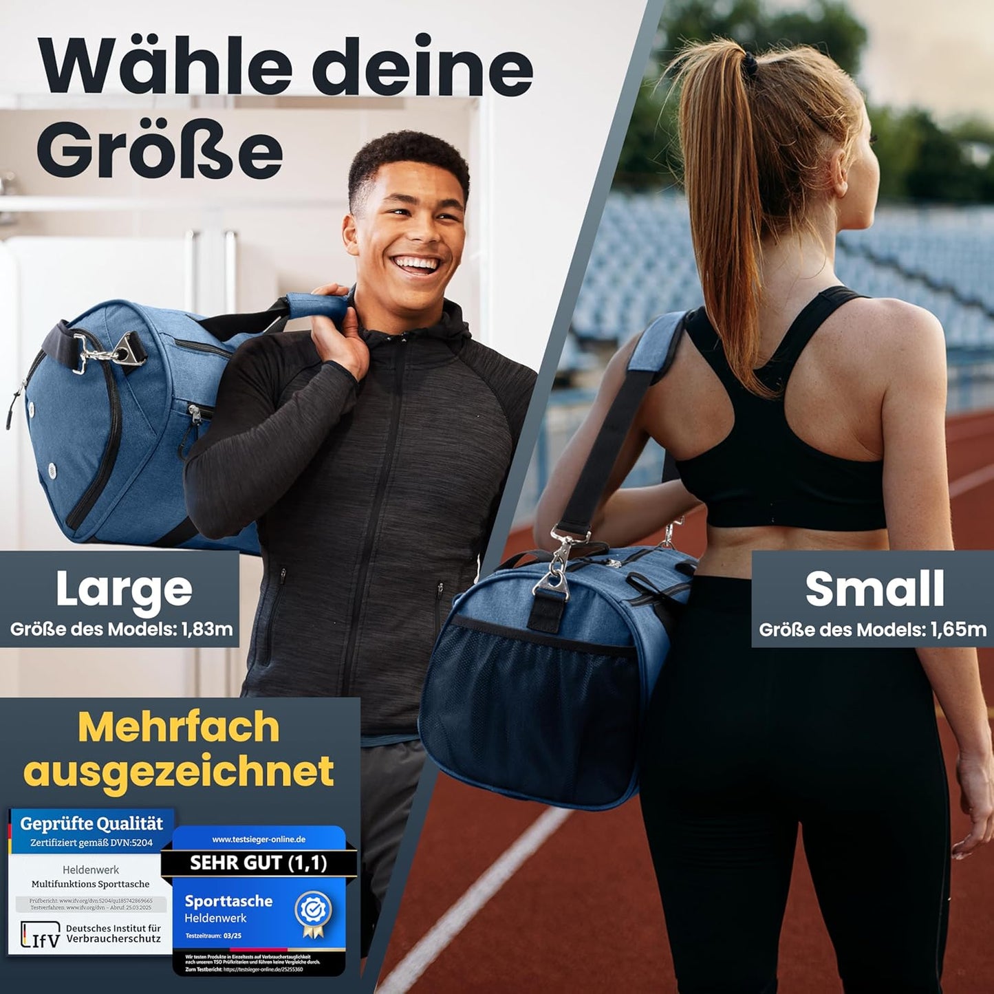 Herowerk Sac de sport avec compartiment à chaussures et compartiment humide, sac d'entraînement pour femmes et hommes, idéal comme sac de voyage, sac de fitness, sac d'entraînement ou sac de sport, bleu foncé, Sac de sport avec bandoulière