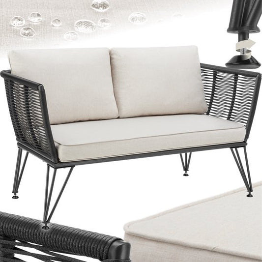 tectake® Banc de salon en osier - Banc de jardin compact avec coussins épais - Idéal pour balcon, jardin ou terrasse - Banc de salon extérieur élégant et confortable - Design en corde