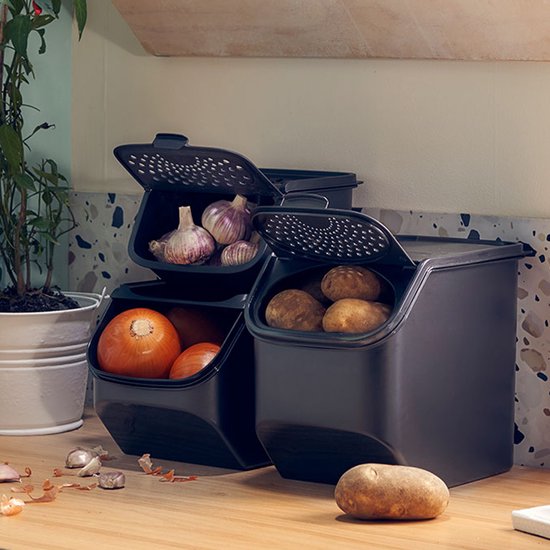 Ensemble Tupperware - PotatoSmart 8,3 L, OnionSmart 5,5 L et GarlicSmart 2,3 L - Récipients innovants pour pommes de terre, oignons et ail, assurant une circulation optimale de l'air - Conception empilable - Lavables au lave-vaisselle