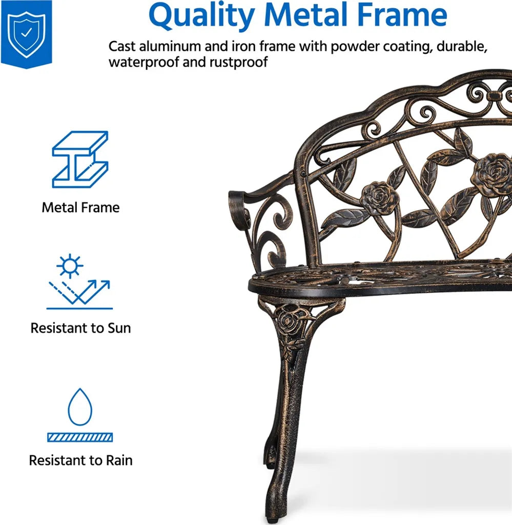 Banc de jardin Yaheetech 99,5 x 57 x 78,5 cm - Bronze - Banc de jardin vintage en métal avec motif de roses