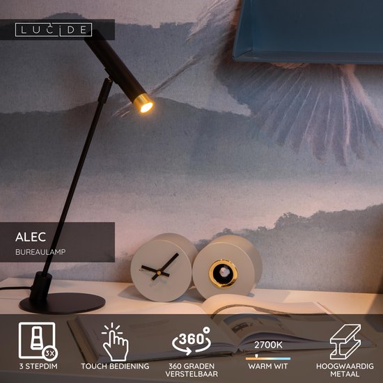 Lucide ALEC - Lampe de bureau - LED 3 StepDim - G9 - 1x3 W 2700 K - Anneaux interchangeables inclus - Noir