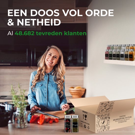 Soothe 36 pots à épices carrés en verre avec couvercle en acier inoxydable - 2 types de couvercles à saupoudrer - Spice Spreader - pots à épices - Set complet avec stickers à épices, stick à craie et accessoires - 120ml