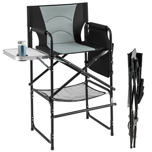 Chaise de camping Coast Chaise de directeur pliable avec table d'appoint, repose-pieds et compartiments de rangement - Noir/Gris - 65 x 53 x 116,5 cm