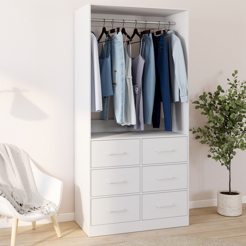 Armoire Uma blanche - 80 x 40 x 167 cm - Avec tringle à vêtements et 6 tiroirs