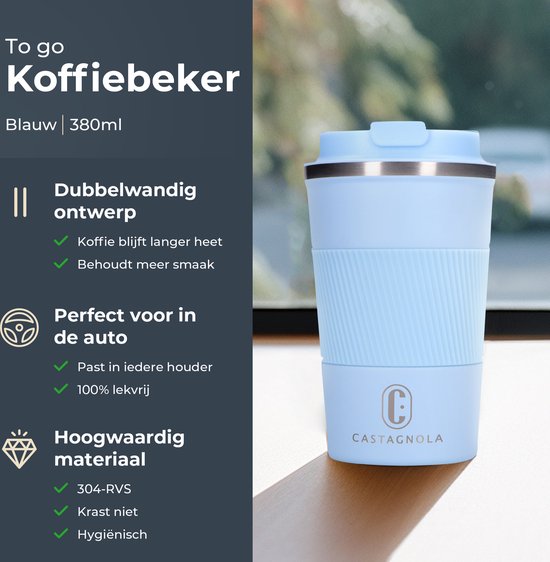 Castagnola Thermos Cup - Coffee Mug To Go - Travel Mug for Coffee and Tea - Tea Mug - 380 ML - stainless steel - Light Blue