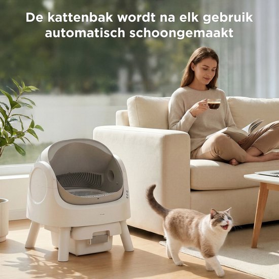 TrevoPet® Bac à litière automatique - autonettoyant et sûr - pour chats jusqu'à 12 kg - tapis, 60 sacs à déchets et accessoires inclus - poubelle de 10 litres - blanc et gris